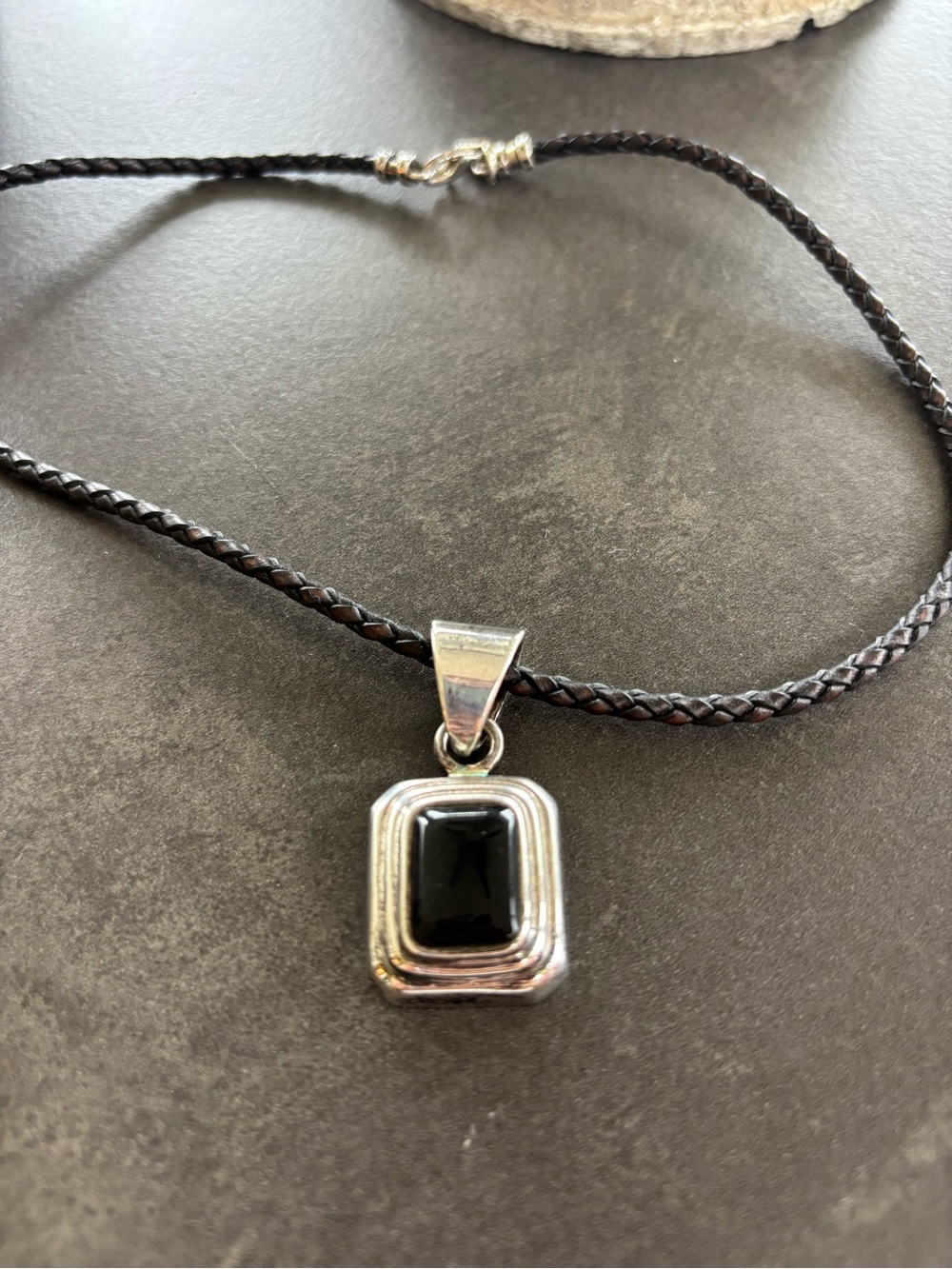 Silpada Silver Pendant Necklace with Black Center Stone on Brown Cord